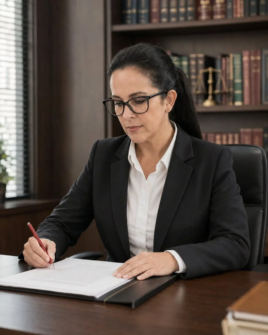 Katiusce Nogueira analisando um documento, com anotações em vermelho